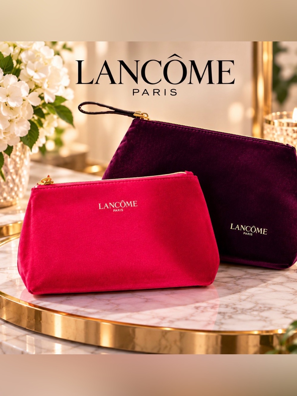 LANCÔME- Women's Red and Dark Purple velor Cosmetic Pouch Set